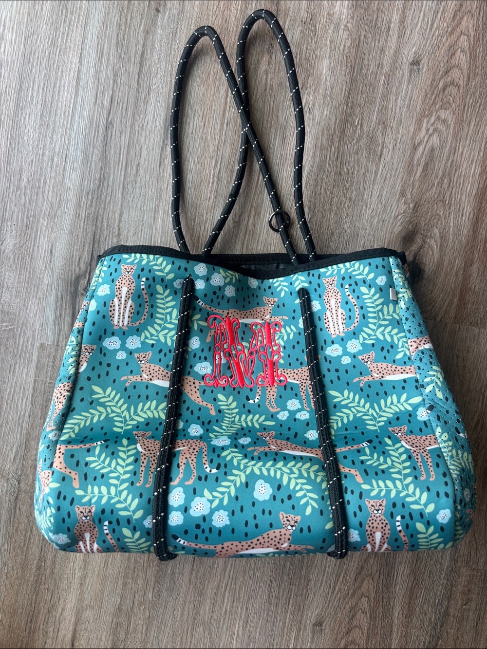 Turquoise Leopard-Print Neoprene Tote with Pink Monogram